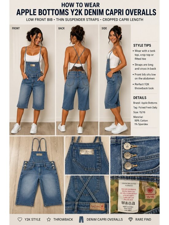 Apple Bottoms Pants - Apple Bottoms Y2K Denim Capri Overalls Women 15/16 Cropped Jumpsuit Vintage Styl